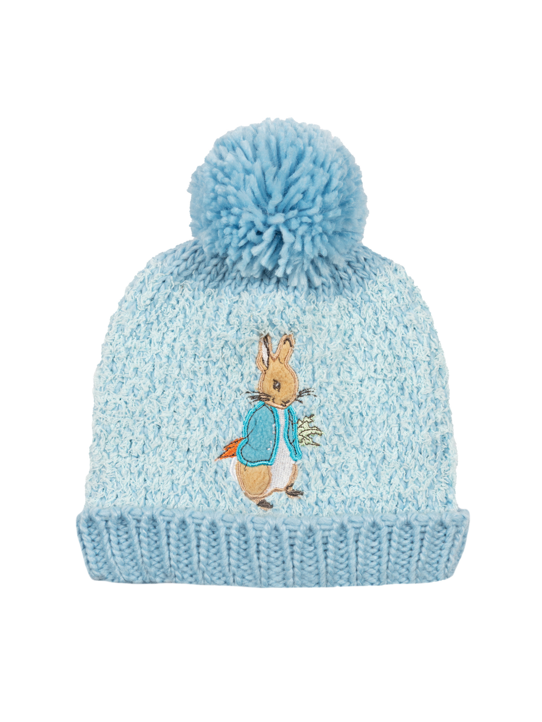 Peter Rabbit™ Up To Mischief winter hat in pale blue with a chunky pompom and embroidered Peter Rabbit