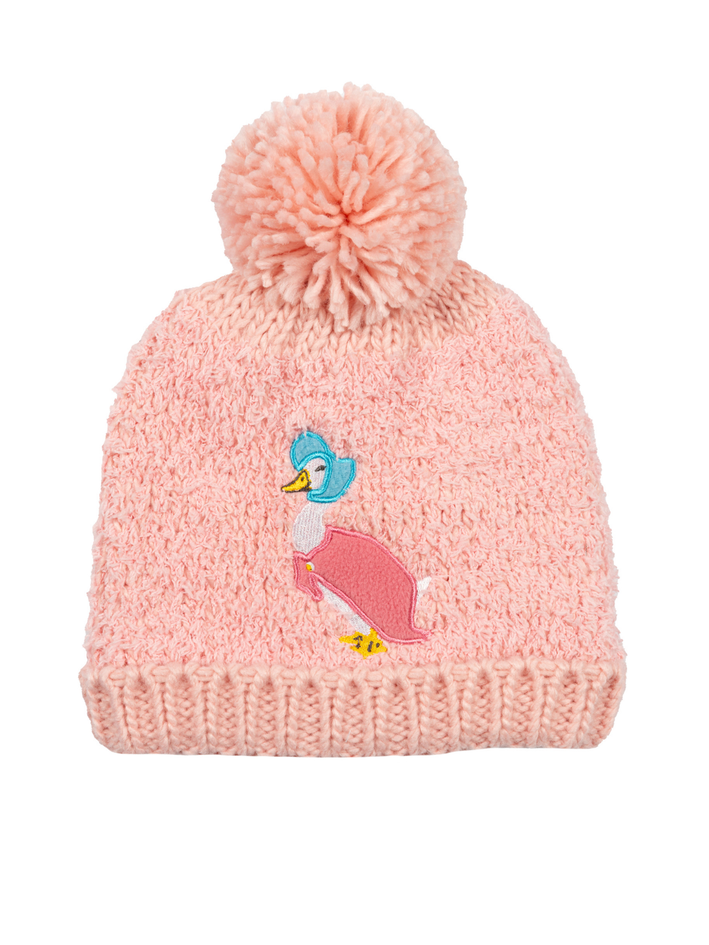Jemima Puddle-Duck™ winter hat in pale pink with a chunky pompom and embroidered duck