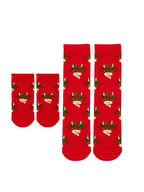 Hamish Christmas Socks in red, shown in a child size and an adult size