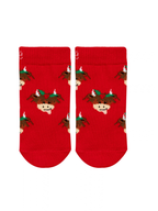 Hamish Christmas Socks in red, covered with Hamish the Highland Cow in his Christmas holly