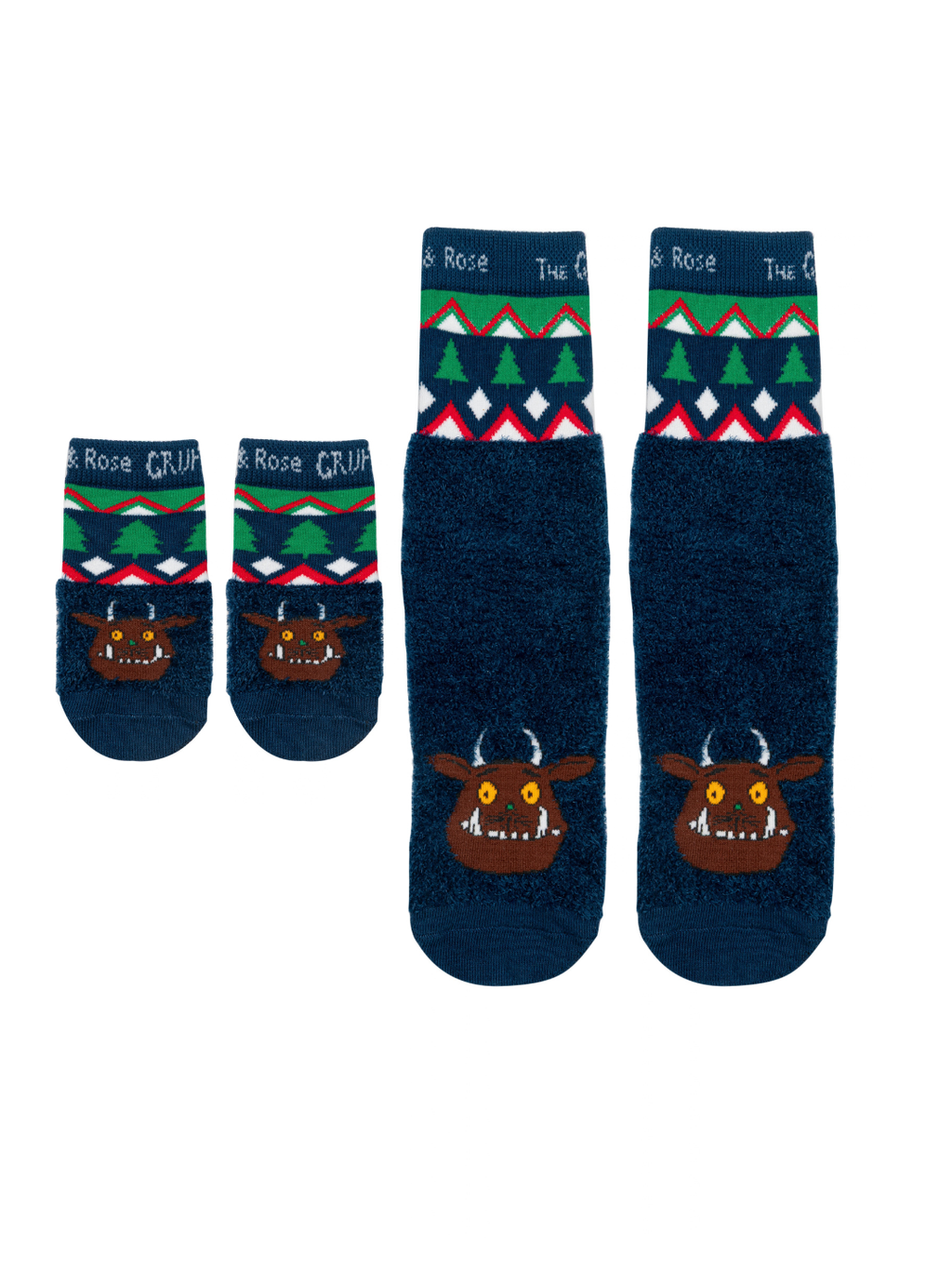 Gruffalo™ Christmas Socks in navy fluff with a Fair Isle cuff, shown in a child size and an adult size