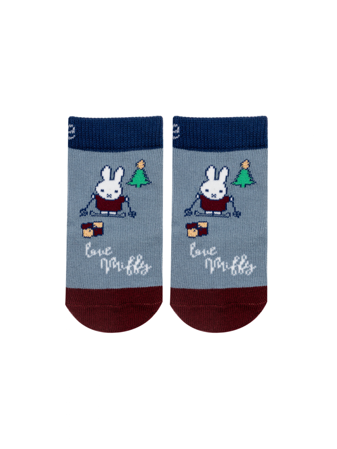 Miffy™ Christmas Socks in the baby size, blue with a navy ribbed cuff and burgundy toe
