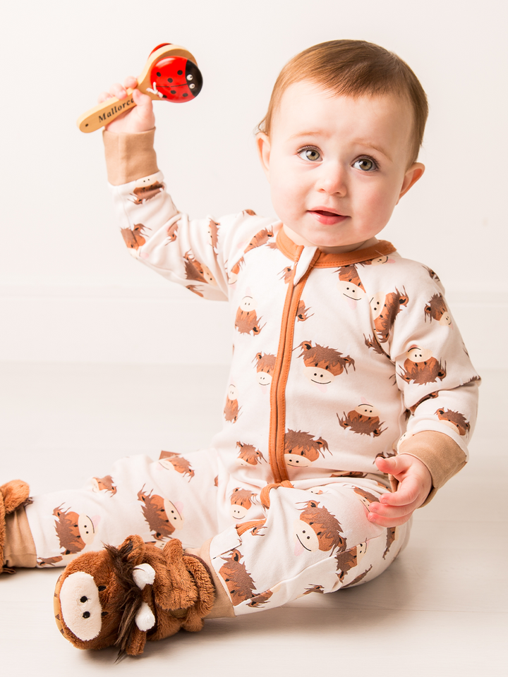 Neutral Hamish Highland Cow Zip-Up Romper