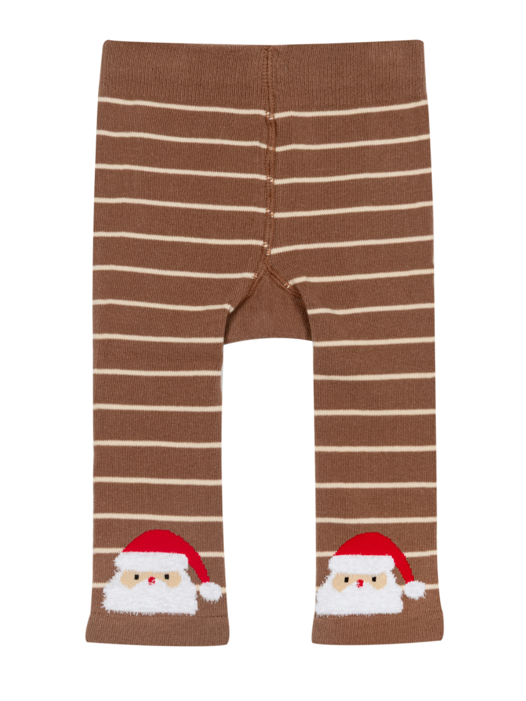 Santa Ho Ho Ho Leggings from the front, brown and cream stripe with a small fluffy Santa at each ankle
