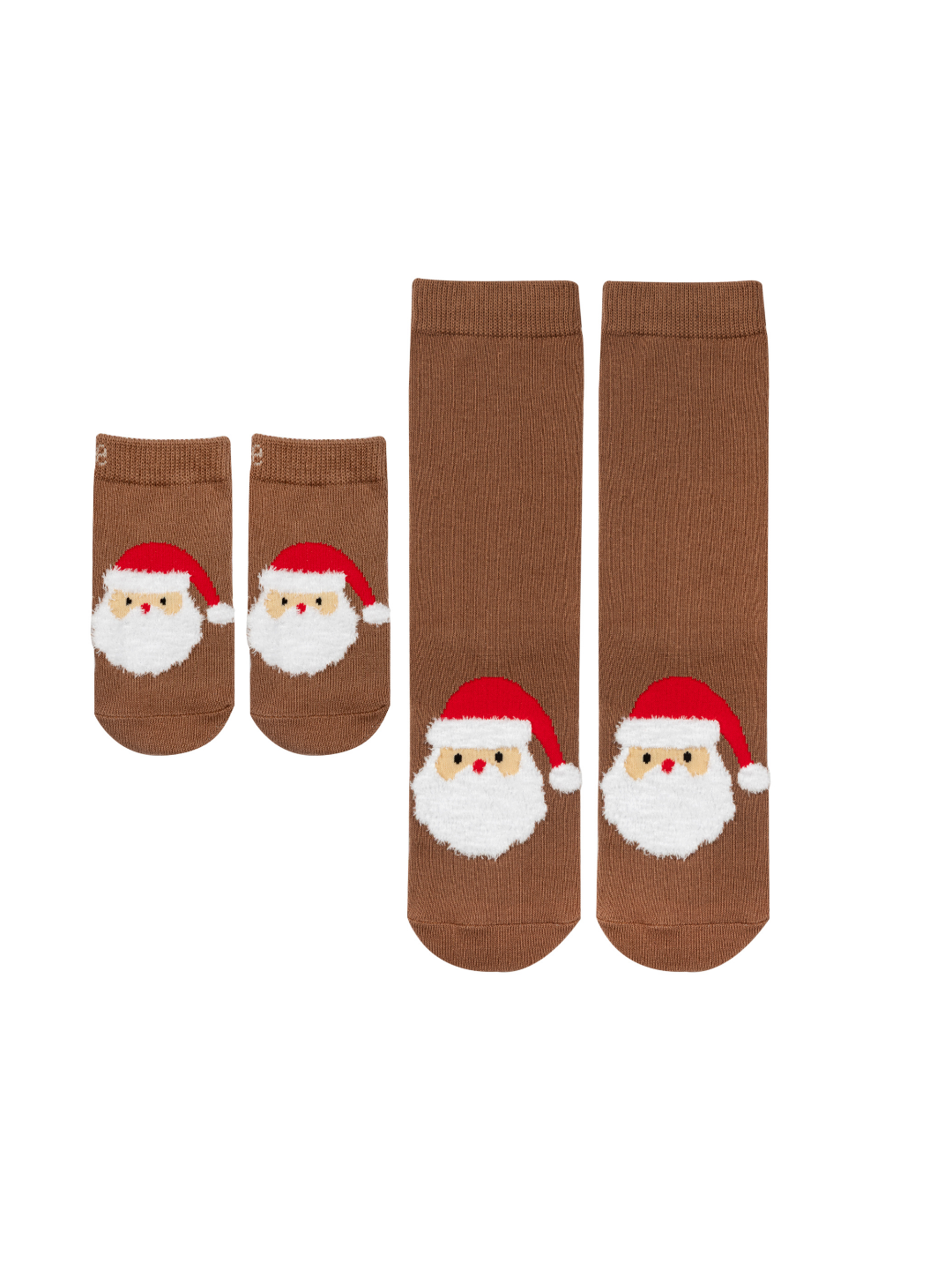 Santa Ho Ho Ho Socks in brown with a fluffy-bearded Santa, shown in a baby size and an adult size