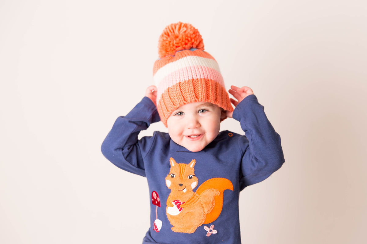 Coral and Cream Striped Bobble Hat
