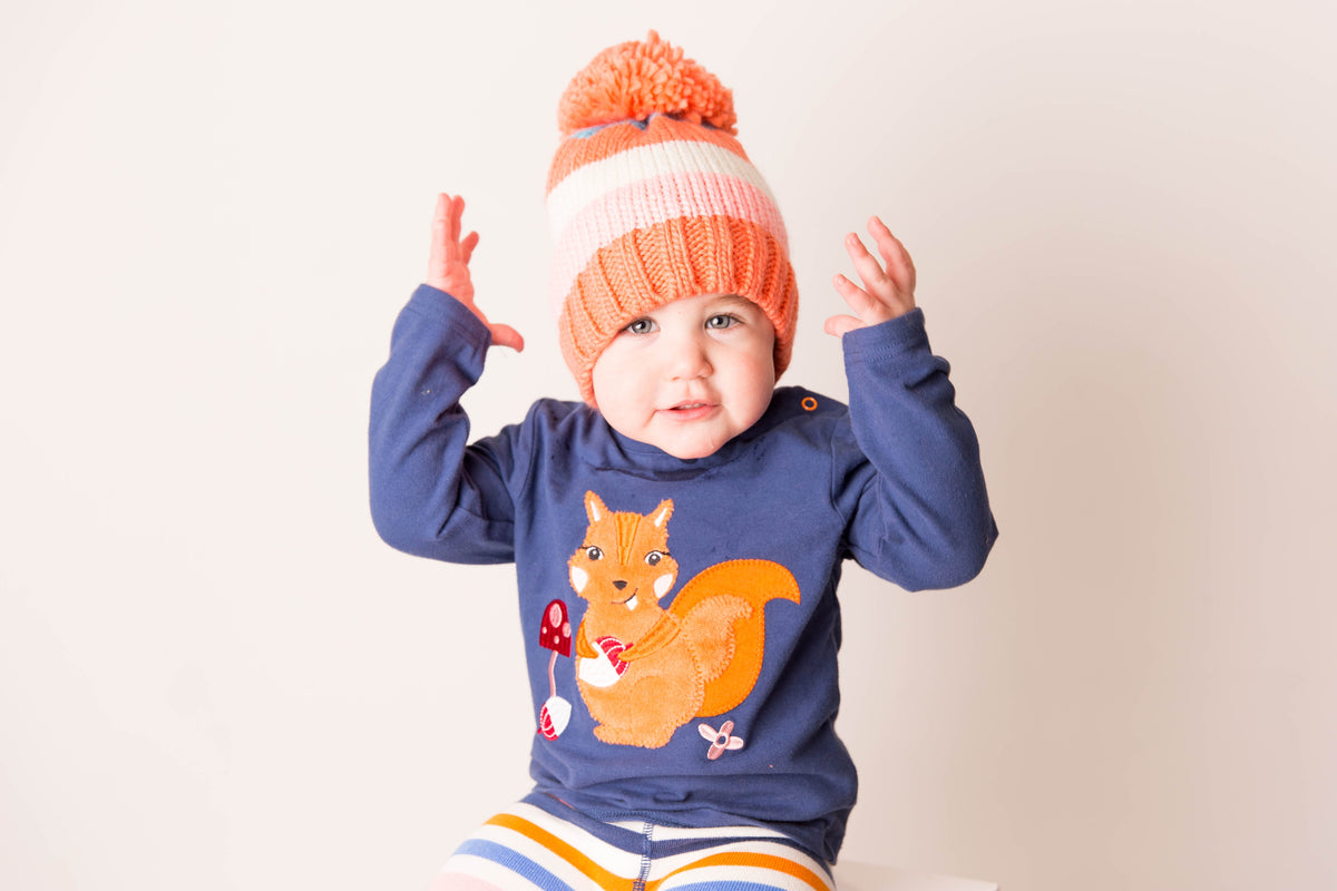 Coral and Cream Striped Bobble Hat