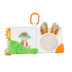 Peter Rabbit Fold Out Activity Book unfolded with mirror and teether