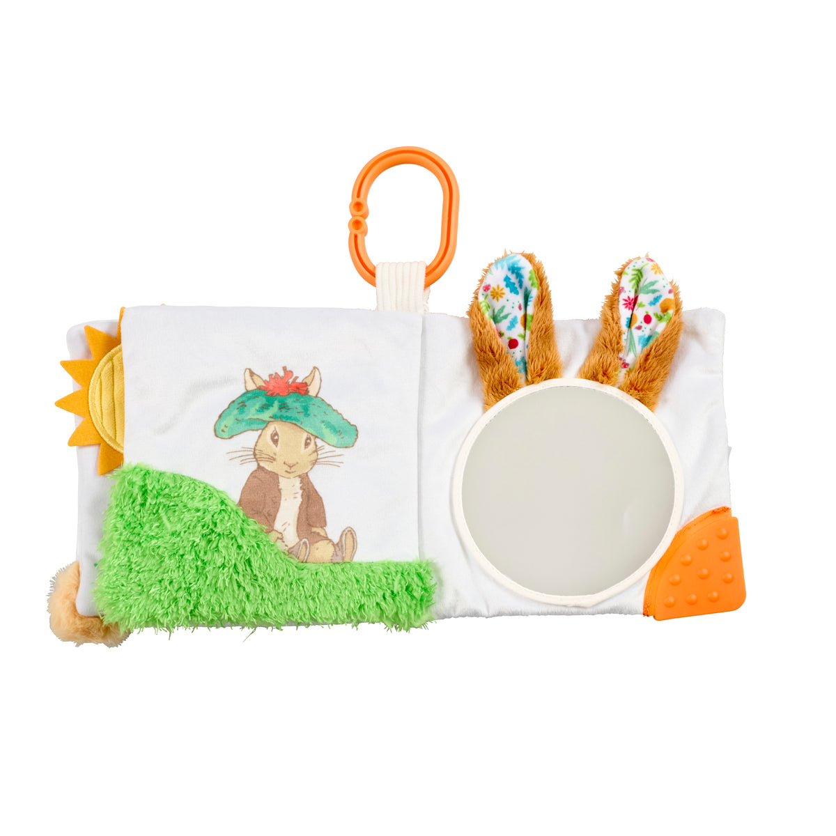Peter Rabbit Fold Out Activity Book unfolded with mirror and teether