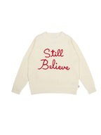 Still Believe adult knitted jumper in cream with red chain-stitch embroidery