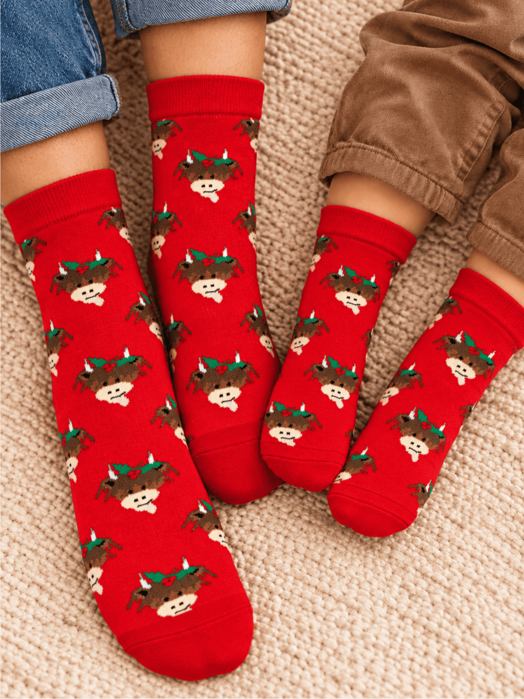 Hamish Christmas Socks worn by an adult and a child together, red with Hamish the Highland Cow in his Christmas holly