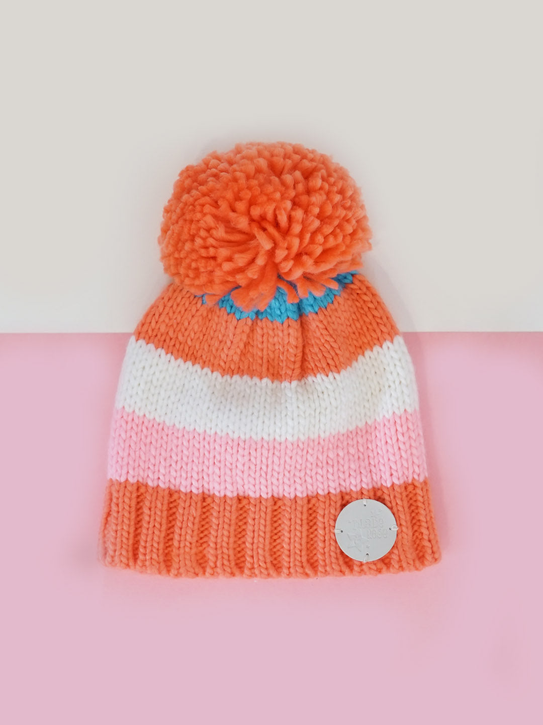 Coral and Cream Striped Bobble Hat Outlet