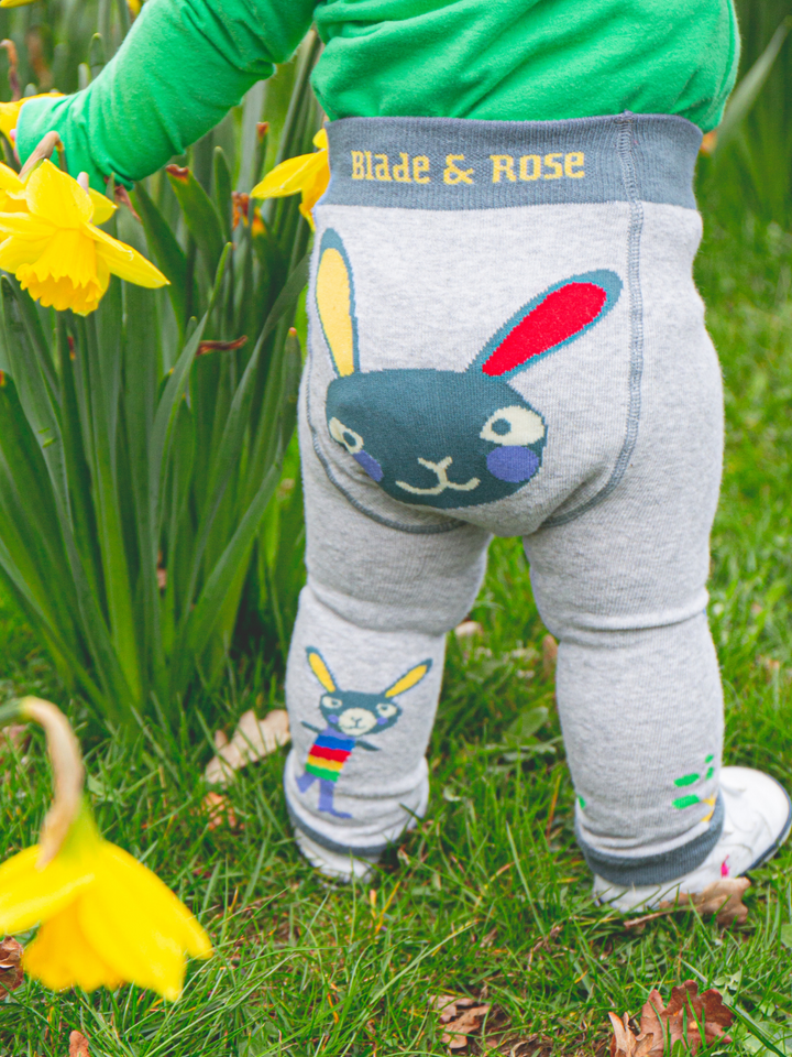 Toddler in Garden Bunny Leggings - grey leggings featuring our Garden Bunny character on the bum.
